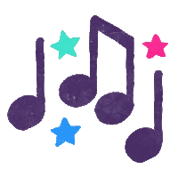 purple music notes with blue and pink stars around them on a white background