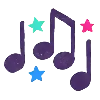 purple music notes with blue and pink stars around them on a white background