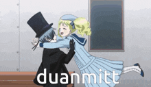 a man in a top hat is holding a girl in his arms and the word duanmitt is on the bottom of the picture