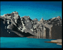 a painting of a mountain with a lake in the background