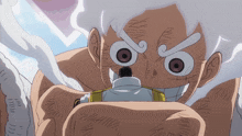 a close up of a cartoon character 's face with a white haired head