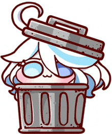a cartoon girl is sticking her head out of a trashcan .