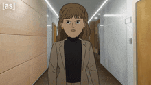 a cartoon of a woman standing in a hallway with the word [ as ] on the bottom