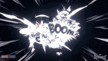 a marvel games rivals logo with a boom explosion in the background