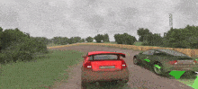 two cars are driving down a dirt road and one of them has a license plate that says evoque