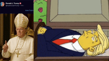 a cartoon of donald trump laying in a coffin next to a pope