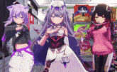three anime girls are standing in front of a store with a sign that says ' noodles ' on it