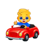 a cartoon character is driving a red toy car