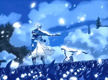 a drawing of a man and a woman standing on a cliff