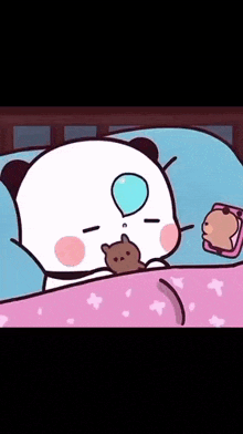 a cartoon panda bear is sleeping on a bed