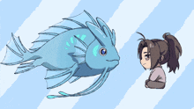 a drawing of a person looking at a blue fish
