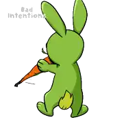 a cartoon of a green bunny eating a carrot with the words bad intentions written below it