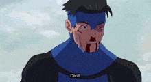 a man in a blue and black superhero costume has blood coming out of his nose