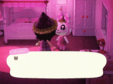 a video game character named chrissy is talking to another character in a pink room