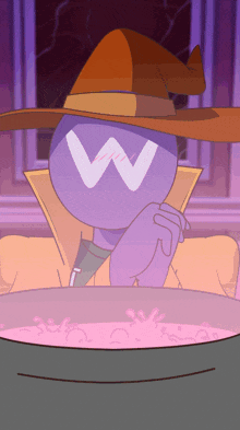 a cartoon character wearing a hat with the letter w on his face