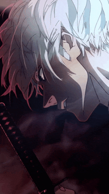 a close up of a person with white hair holding a black sword