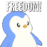 a blue and white penguin with the word freedom behind him