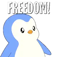 a blue and white penguin with the word freedom behind him