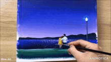 a painting of a man and a woman looking at the ocean is made by wow art