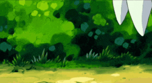 a cartoon drawing of a person standing in a field with trees in the background