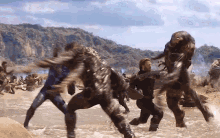 a group of people are standing in the water fighting each other