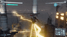 a screenshot of a video game shows a spiderman flying through the air