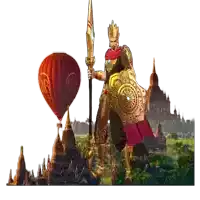 a man holding a spear and shield stands in front of a hot air balloon