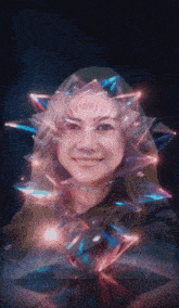 a woman 's face is surrounded by glowing triangles in a dark room