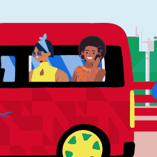 two women are riding in a red van and one is talking on her phone