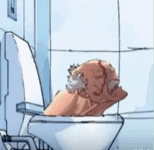 a cartoon drawing of an old man sitting on a toilet