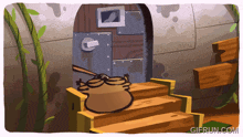 a cartoon drawing of a door and stairs with the website gifrun.com written on the bottom