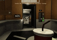 a screenshot of a video game with the number 605 on the wall