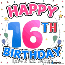 a happy 16th birthday greeting card with balloons and stars