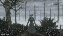 a person in a video game is walking through a foggy forest .