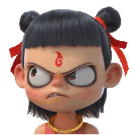 a cartoon character with a red flame on his forehead has an angry look on his face