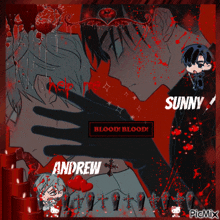 a picture of andrew and sunny with blood splashing around them