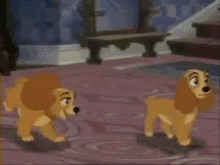 a couple of cartoon dogs are standing next to each other on stairs .