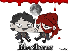 a cartoon drawing of a man and a woman with the word bloodborne written below them