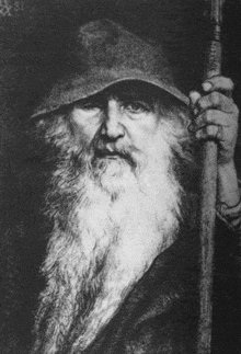 a black and white drawing of a man with a beard and hat holding a stick