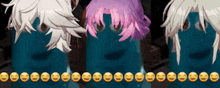 three anime characters are standing next to each other with smiley faces on their faces .