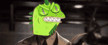 a man wearing a suit and tie has a cartoon character on his head