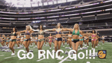 a group of cheerleaders are dancing on a field with the words go bnc go