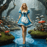 a woman in a blue dress and white apron is walking through a mushroom forest