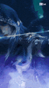 a painting of a woman in a blue hood holding a sword with the word cut below her