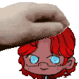 a hand is putting a cartoon character 's head on a white background .