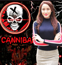 a woman is standing in front of a cannibal logo
