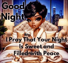 a cartoon of a woman sitting on a bed holding a cup of coffee and saying good night .
