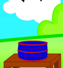 a cartoon drawing of a blue container with chinese writing on it on a table
