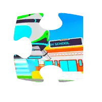 a piece of a puzzle with a picture of a high school