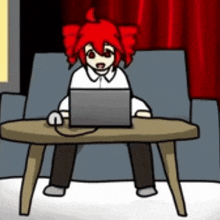 a cartoon girl is sitting at a table with a laptop on it .